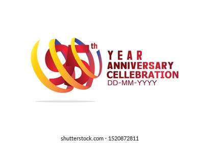 95 Year Anniversary, Red Color Text and Yellow-Orange-Blue Ribbon. Isolated graphic anniversary for banner, greeting card - vector