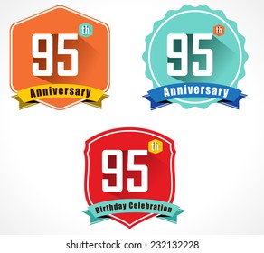 95 year birthday celebration flat color vintage label badge, 95th anniversary decorative emblem - vector illustration eps10