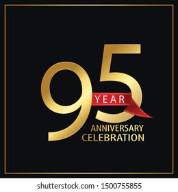 95 year minimalist logo years, jubilee, greeting card. Red and Gold Ribbons on Black Background with Golden Frame for Birthday invitation - Vector 