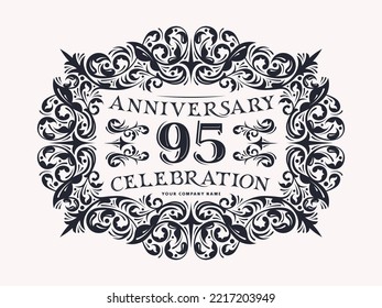 95 years anniversary celebration card with floral ornament in vintage style. Black print on white background. Vector illustration