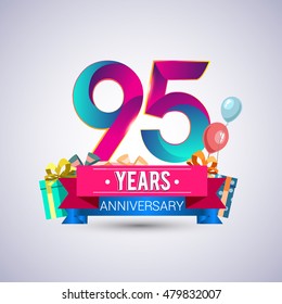 95 Years Anniversary celebration logo, with gift box and balloons, red and blue ribbon, Colorful Vector design template elements for your birthday party.