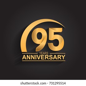 95 years anniversary celebration. Anniversary logo with swoosh and elegance golden color isolated on black background, vector design for celebration, invitation card, and greeting card