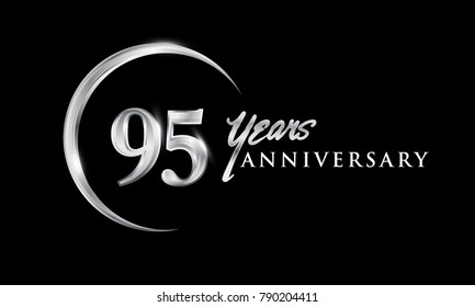 95 years anniversary celebration. Anniversary logo with silver ring elegant design isolated on black background, vector design for celebration, invitation card, and greeting card