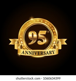 95 years anniversary celebration logotype. Golden anniversary emblem with ribbon. Design for booklet, leaflet, magazine, brochure, poster, web, invitation or greeting card. Vector illustration. 