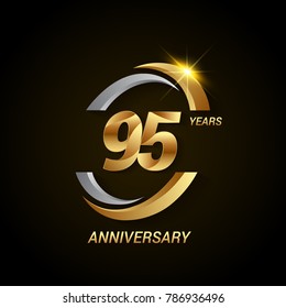 95 Years Anniversary Celebration Logotype. Golden Elegant Vector Illustration with Swoosh, Isolated on Black Background can be use for Celebration, Invitation, and Greeting card