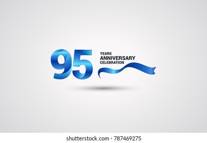 95 Years Anniversary celebration logotype colored with shiny blue, using ribbon and isolated on white background