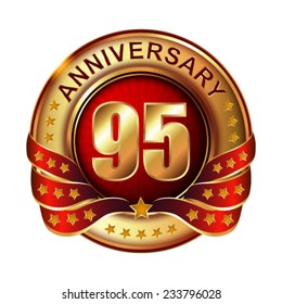 95 years anniversary golden label with ribbon.  Vector illustration. 