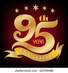 95 Years Anniversary - Golden Laurel Wreath Seal with Golden Ribbon  vector illustrator.celebration logo color number design, anniversary with ribbon