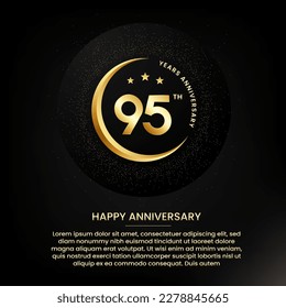 95 years anniversary with a half moon, stars, glitter and editable speech text. Golden half moon anniversary banner template with a golden number svg