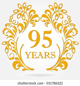 95 years anniversary icon in ornate frame with floral elements. Template for celebration and congratulation design. 95th anniversary golden label. Vector illustration.