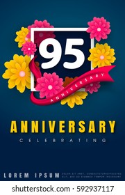 95 years anniversary invitation card - celebration template design , 95th anniversary with flowers and modern design elements, dark blue background - vector illustration