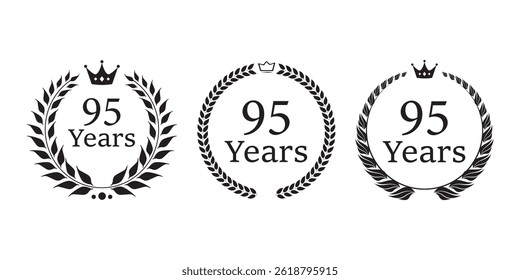 95 years anniversary laurel wreath logo or icon. Jubilee, birthday badge, label or emblem. 95th celebration design element. Vector illustration. EPS10
