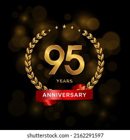 95 years anniversary logo with golden  laurel and red ribbon for booklet, leaflet, magazine, brochure poster, banner, web, invitation or greeting card. Vector illustrations.