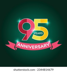 95 years anniversary logo with red ribbon icon, flat 20th year birthday party sign svg