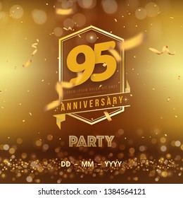 Plantilla del logo del 95 años sobre fondo dorado. 95ª celebración de los números dorados con elementos de diseño aislados de cinta dorada vectorial y confetti