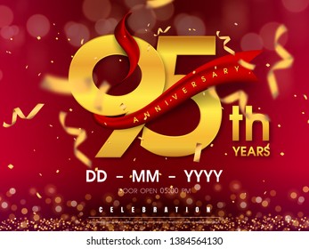 95 years anniversary logo template on gold background. 95th celebrating golden numbers with red ribbon vector and confetti isolated design elements