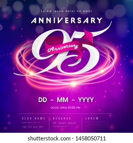 95 years anniversary logo template on purple Abstract futuristic space background. 95th modern technology design celebrating numbers with Hi-tech network digital technology concept design elements. svg
