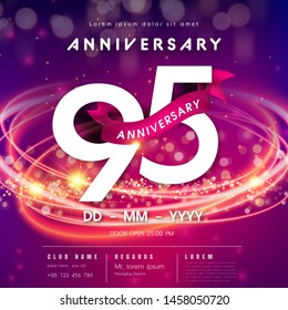 95 years anniversary logo template on purple Abstract futuristic space background. 95th modern technology design celebrating numbers with Hi-tech network digital technology concept design elements.