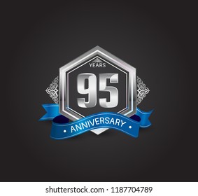 95 years anniversary logotype design with blue ribbon, silver hexagon, and ornament isolated on dark background. Vector template for celebration company event, greeting card, and invitation card