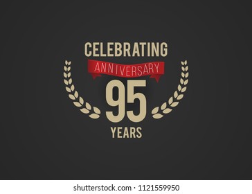 95 Years Anniversary logotype with golden colored font number, with ribbon and laurel, isolated on black background for company celebration event, birthday