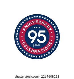 95 years anniversary. Anniversary template design, red and blue colors with stars, design for event, invitation card, greeting card, banner, poster, flyer, book cover and print. Vector Eps10