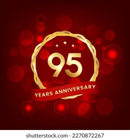 95 years anniversary. Anniversary template design with gold number and red ribbon, design for event, invitation card, greeting card, banner, poster, flyer, book cover and print. Vector Eps10