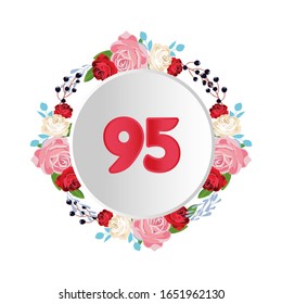 95 Years anniversary. Vector design greeting card with decorative floral circle for celebration