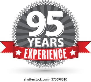 95 years experience retro label with red ribbon, vector illustration