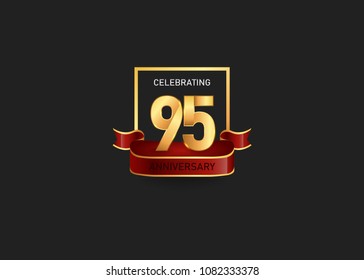 95 years golden anniversary design logotype gold square and red ribbon for celebration event, isolated on black background