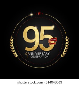95 years golden anniversary logo with red ribbon, low poly design number, isolated on black background