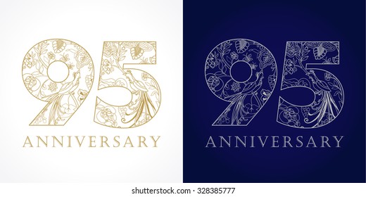 95 years old luxurious celebrating folk numbers. Template gold and silver colored 95 th happy anniversary greetings, ethnics flowers, plants, paradise birds. Set of traditional congratulation pattern. svg