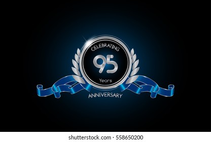 95 years silver anniversary celebration logo with red ribbon , isolated on dark background