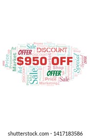 $950 Off word cloud. Wordcloud made with text only.