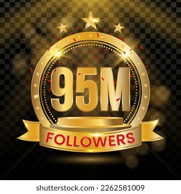 95M Followers Logotype with Gold and red Confetti Isolated on Black Background (PNG), Vector Design for Greeting Card and Social Media.