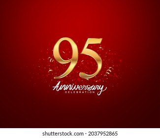 95th anniversary background with 3D number illustration golden numbers and Anniversary Celebration text with golden confetti on red background.