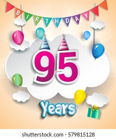 95th Anniversary Celebration Design, with clouds and balloons. using Paper Art Design Style, Vector template elements for your, ninety five years birthday celebration party.