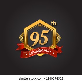 95th anniversary design logotype style with golden hexagon, ornament and red ribbon for use in celebration event.