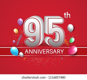 95th anniversary design red background with balloons and confetti for company celebration event 