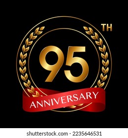 95th Anniversary. Anniversary Logo Design with Laurel Wreath and Red Ribbon for Celebration Event, Wedding, Invitation, Greeting Card. Logo Vector Illustration