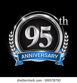 95th anniversary logo with silver ring combination blue ribbon and laurel wreath. Vector template for birthday celebration, party, wedding, invitation and greeting card