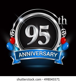 95th anniversary logo with silver ring,balloons and blue ribbon. Vector design template elements for your birthday celebration.