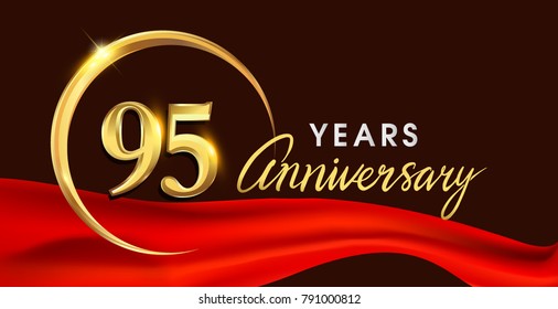 95th anniversary logotype with golden ring isolated on red ribbon elegant background, vector design for birthday celebration, greeting card and invitation card.