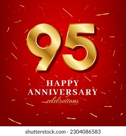 95th anniversary vector template with a golden number and golden confetti spread on a red background