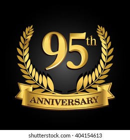 95th golden anniversary logo with ring and ribbon, laurel wreath vector design isolated on black background