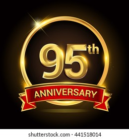 95th golden anniversary logo with ring and red ribbon isolated on black background, vector design for birthday celebration, marriage, corporate, and your business.