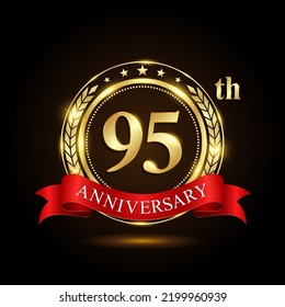 95th golden anniversary logo, with shiny ring and red ribbon, isolated on black background, vector design