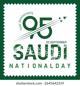 95th Saudi national day celebration with jet fighters and flag design, Translation: Arabic Text national day of Saudi Arabia