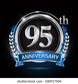 95th silver anniversary logo with laurel wreath, blue ribbon and ring. vector design.