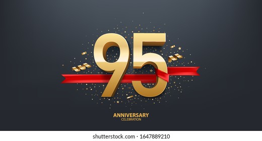 95th Year anniversary celebration background. 3D Golden number wrapped with red ribbon and confetti on black background.
