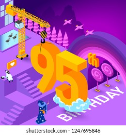 95th year Anniversary Celebration concept with characters. Flat isometric vector illustration